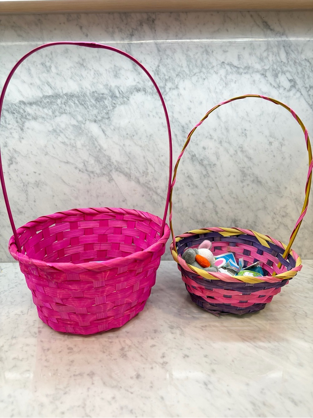 Easter Basket Lot – 2 Woven Baskets + Games, Stickers & Small Toys